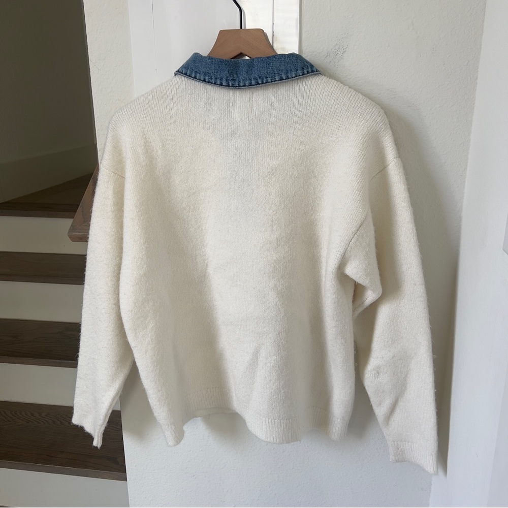 Anthropologie Maeve Denim Polo Sweater in Ivory and Blue - Picture 4 of 7